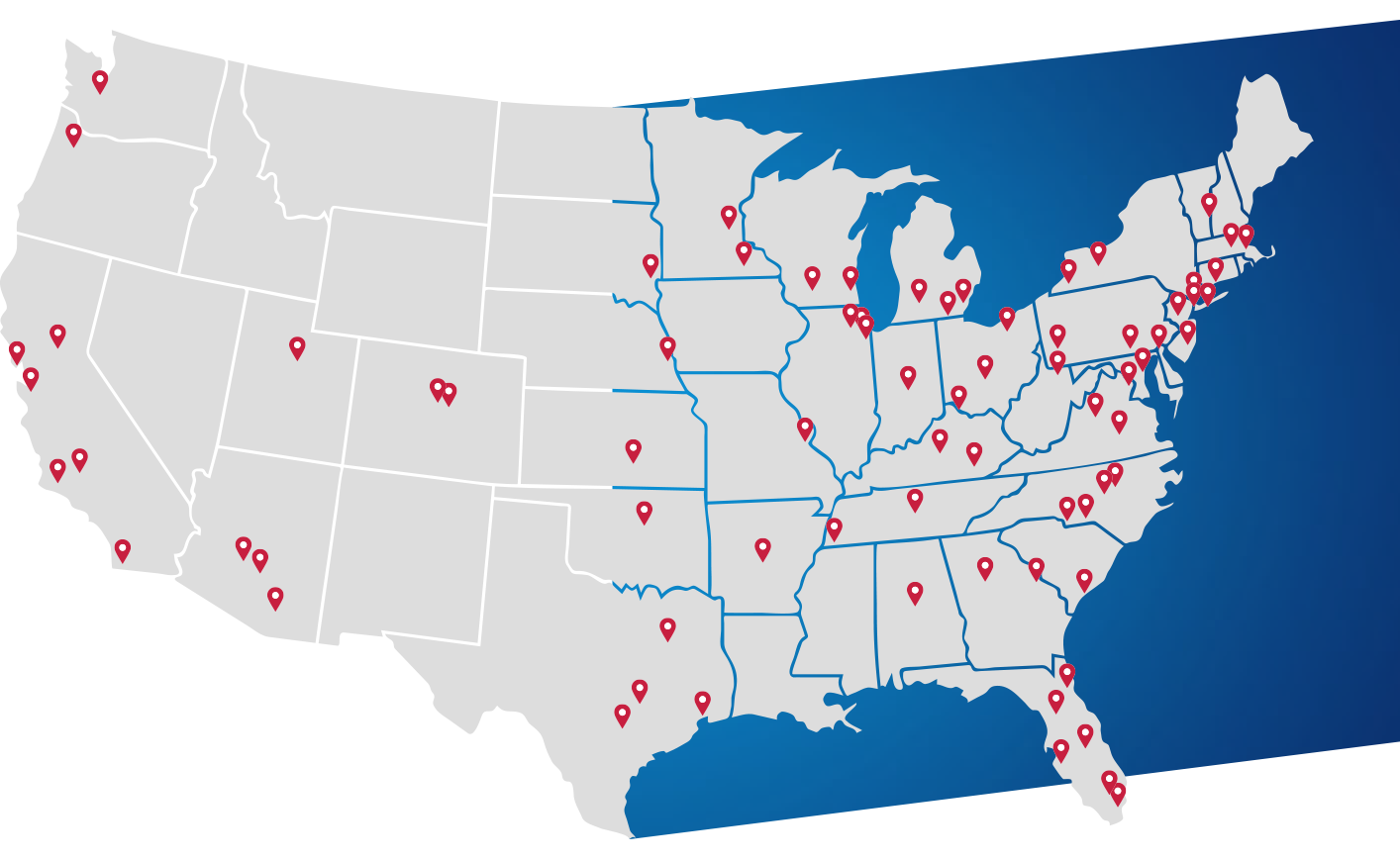 map of the U.S. with pins for each authorized treatment center
